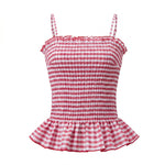 Summer Women Smocked Tank Tops Spaghetti Strap Plaid Ruffle Camisole Fashion Sleeveless Vest Shirts Streetwear