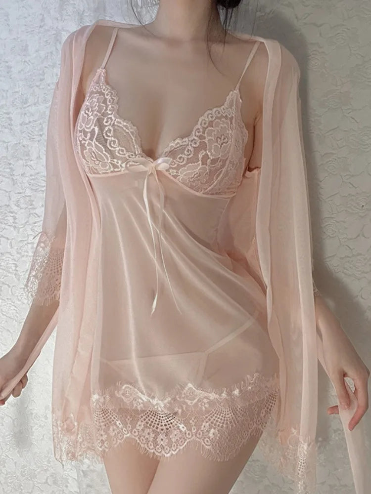 Suspender Underwear Front Open Lace-Up Dress Sexy Clothes For Women Lace Black Plus Size Nightgowns Open Lingerie Skirt Set