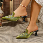 Fashion Velvet Embroidery Flower Mules Woman Elegant Shoes Pointed Closed Toe Slippers Slip on Slides Female High Heels Sandals