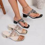 French Block Heel Pinch-on Flip-flops Summer Wear New Metal Embellished Plus-size Women's Shoes