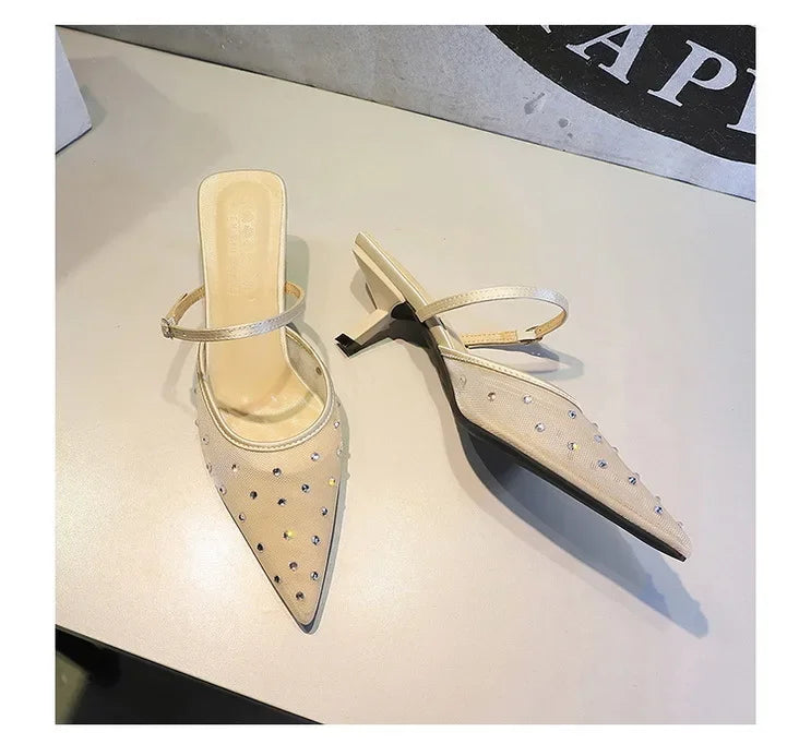 BIGTREE Crystal Mesh Fabric Pointed Toe Slippers Women Sexy Elegant Buckle Strap Party Prom Thin Low Heels Mule Shoes