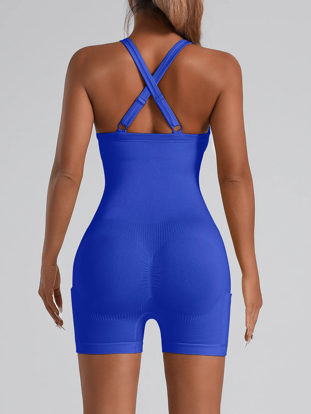Adjustable Crisscross Back Fitness One Piece Jumpsuit Side Phone Pocket Tummy Control Athletic Yoga Bodysuit