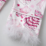 Women's Christmas 2 Pieces Pajamas Set Bow Print Fur Trim Button Down Long Sleeve Lapel V Neck Tops and Pants Lounge Wear