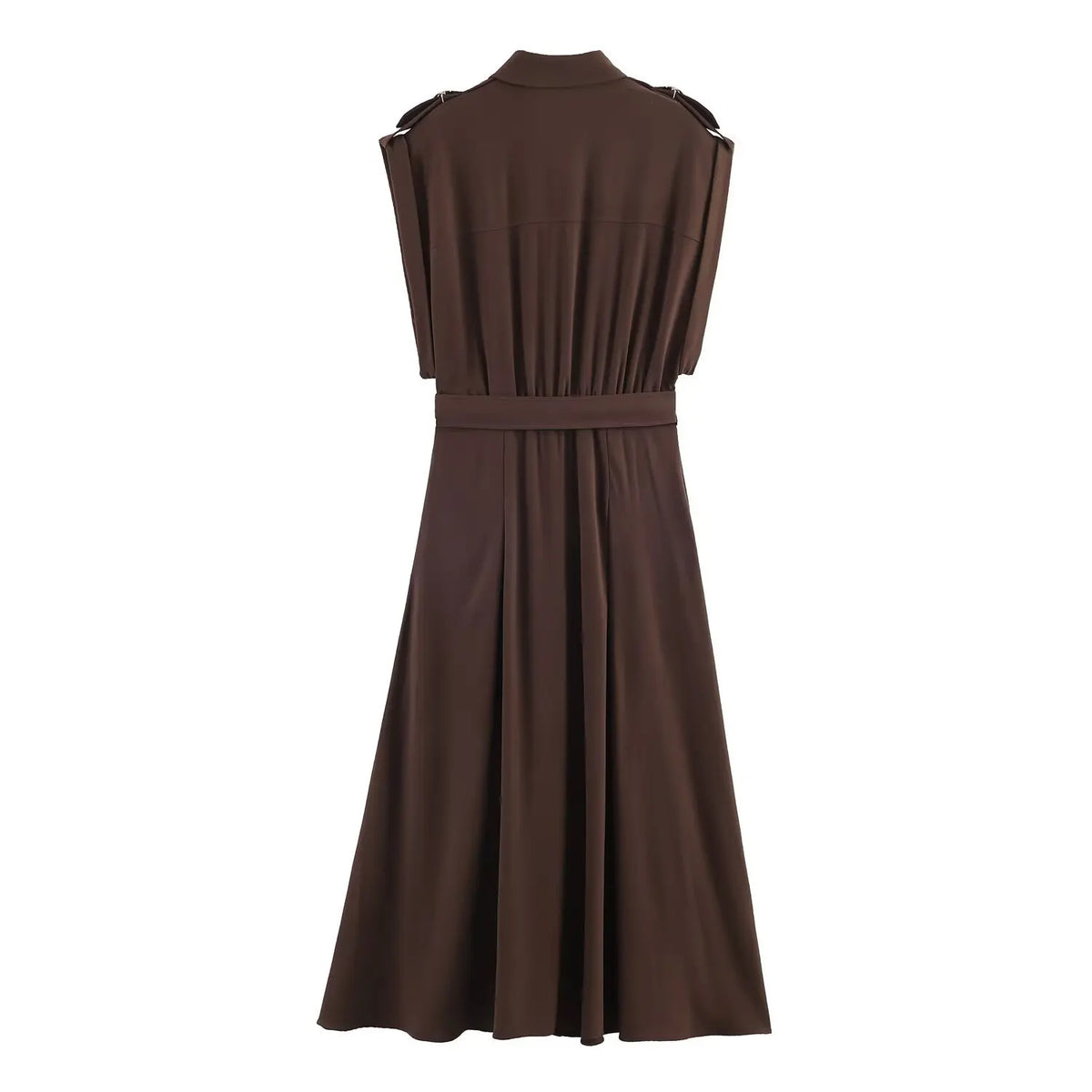 Women's Fashion Midi Dress Brown Sleeveless Shirt Dress For Women Shoulder Details Buttoned Waist Button Elegant For Wear PS9Y