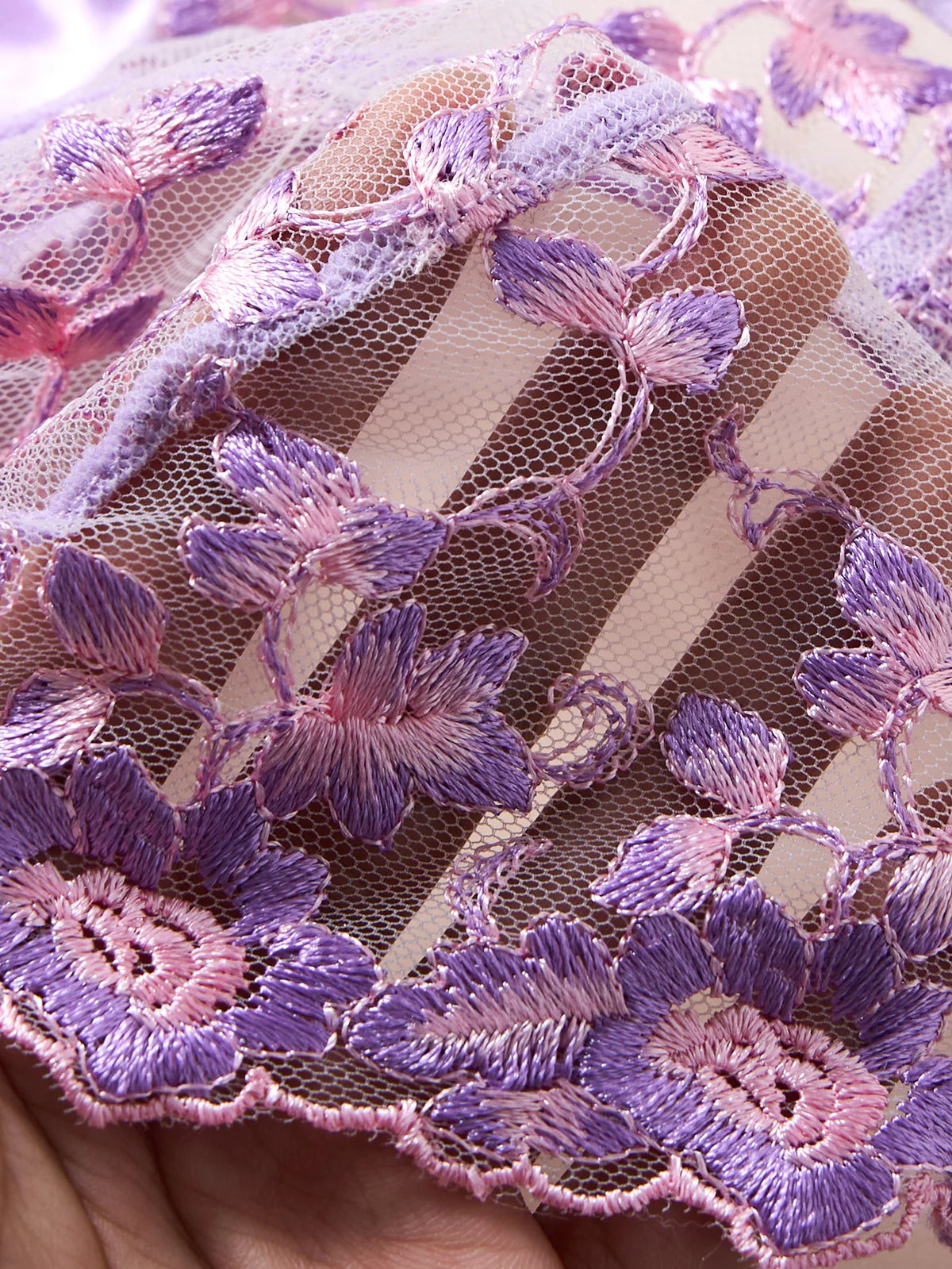 French-style purple lace embroidered lingerie set - Sexy see-through chiffon long bra and thong set for two pieces ZA25246