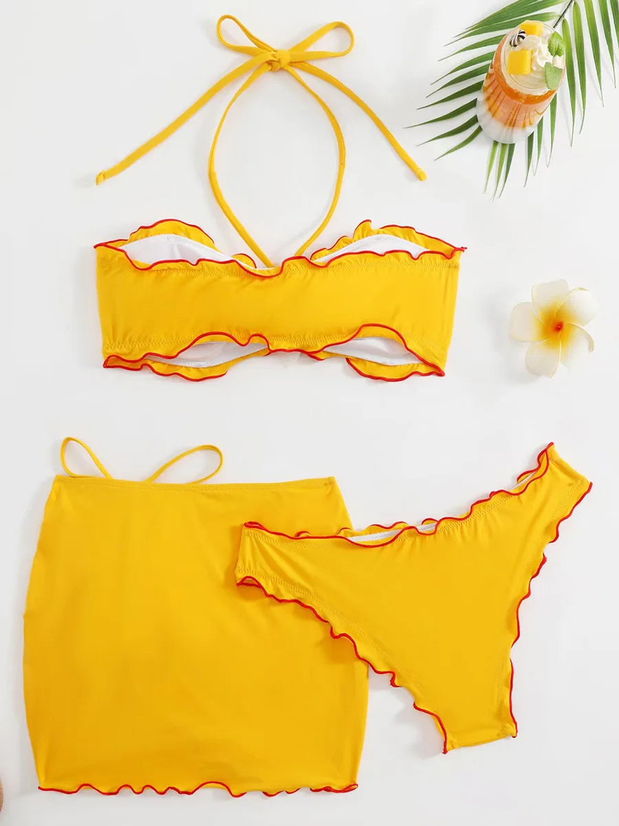 3D Flowers with Mesh Skirt Halter Bandeau Bikini Women Swimsuit Female Swimwear Three-pieces Bikini Set Bathing Suit Beachwear
