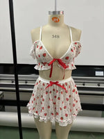 2026 New pajamas hot selling in Europe and America strawberry printed lace sexy pajamas short skirt set home wear bra bikini