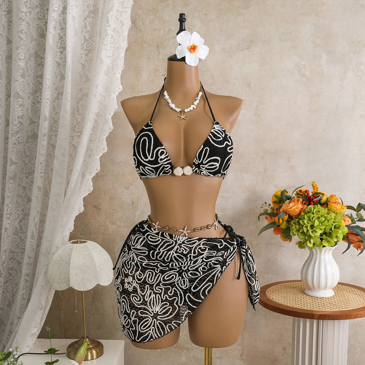 Vintage Pink Mesh Skirt 3 Piece Bikini Set Women Stone Strap Push Up Bra Triangle Swimsuit Holiday Bathing Suit Swimwear 2026