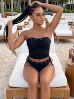 Vintage Bandeau Bikini Set Women Black Drawstring Side Push Up Top Two Piece Swimsuit 2026 Summer Holiday Bathing Suit Swimwear