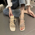 Fairy Style Rhinestone Thick Heel Sandals Women's Summer Versatile Square Head Skirt One Strap Two Wear Slip-On Shoes
