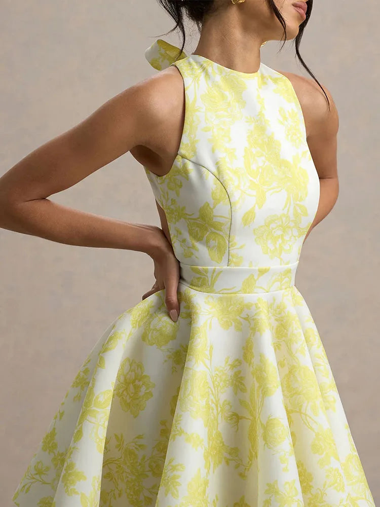 Tank A-Line Mini Dress For Women Fashion Sexy Streetwear Floral Printed Sleeveless Halter Neck Backless Lace-up Vestidos Female