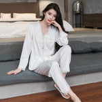 Spring and summer ice silk pajamas sexy lace long-sleeved cardigan home wear set