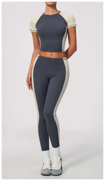 Nake Yoga Set Women's Tracksuit Color Contrast Short Sleeve Slim Sports T Shirts High Waist Leggings Fitness Clothes Gym Outfits