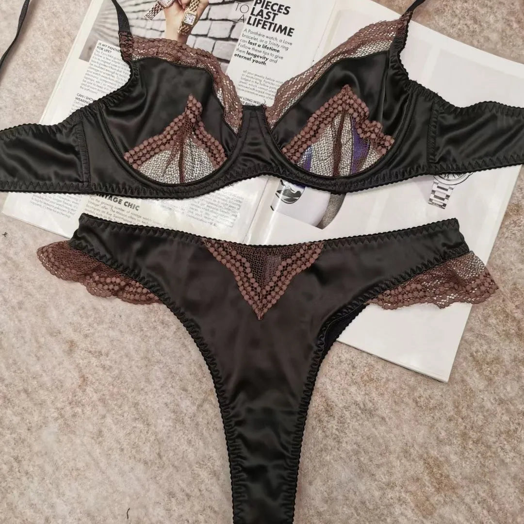 MOYISU Parisian Lingerie Set | Chantilly Lace & Mesh Cutouts | EU 85B Support | Effortless French Slimming Underwire Sexy Bras
