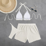 Sexy Purple Thong Bikini with Shorts Women Three Pieces Swimsuit Brazilian Swimwear Female Beachwear Halter Bathing Suit Outfit