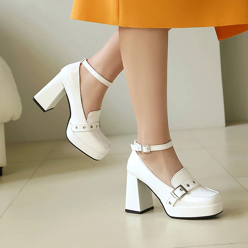 Plus Size Smooth Patent Leather Instep Metal Belt Square Buckle Platform High Thick Heel Ankle Buckle Sweet Lolita High Heels