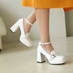 Plus Size Smooth Patent Leather Instep Metal Belt Square Buckle Platform High Thick Heel Ankle Buckle Sweet Lolita High Heels