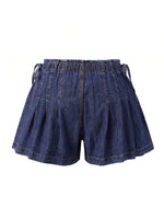 Womens Loose Fit Denim Shorts Drawstring Elastic Mid Rise Pleated Wide Leg Short Pants Casual Stylish Summer Skorts