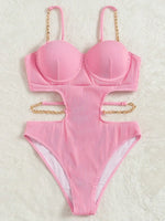 Sexy Push Up Underwire One Piece Swimsuit Women Solid Pink Metal Chain Hollow Out Ribbed Bathing Suit Backless Swimwear Monokini