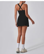 Front Zipper Tennis Dresses Women Summer Sleeveless Sports Athletic Dress Outdoor Cross Backless Pocket Short Workout Skirts