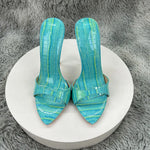 Women's Turquoise Croc Embossed Patent Leather Pointed Toe Stiletto Mules - Slip-On Open Toe High Heel Sandals for Summer Party