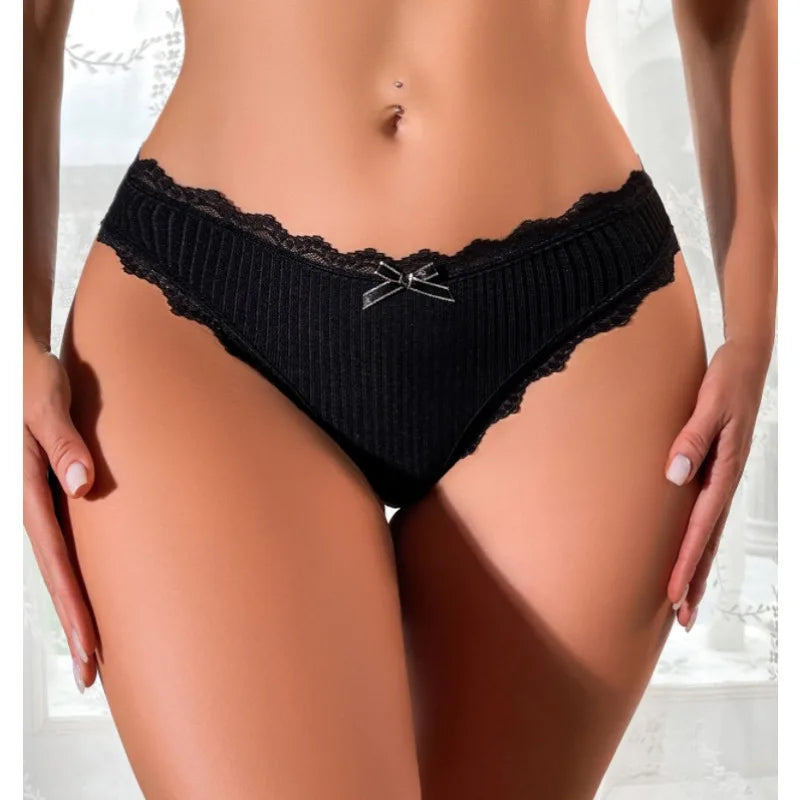 1pcs Plus Size Women's Mid-Waist Thong Panty Cute Girl Style Seamless Bowknot Lace Panties Trim Lightweight Breathable Underwear