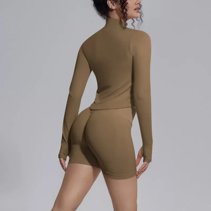 Women's Seamless Yoga Sets Sports Fitness Gym Zipper Long-Sleeve Jacket Hip Lift High-Waist Shorts Suits Workout Training Sets