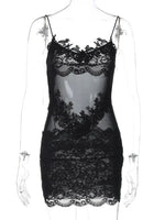 FDYOUI Spaghetti Strap See-through Mesh Dress Women Sleeveless Lace Patchwork Mini Party Dresses White Black Night Club Outfit