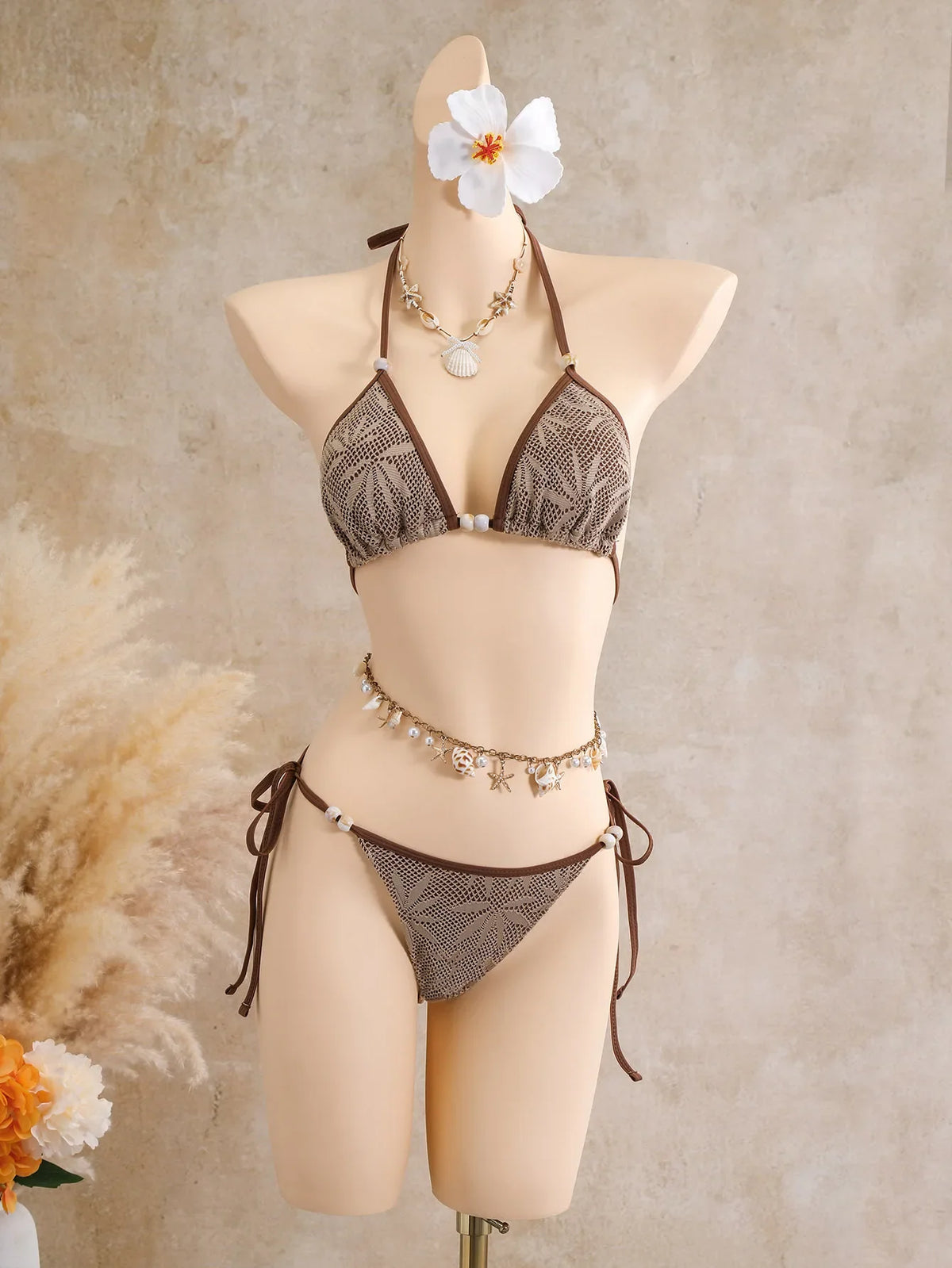 Vintage Coffee Leaves Print Mesh Skirt 3 Piece Bikinis Sets 2026 Women Beach Pearls Push Up Thong Swimsuit Bathing Suit Swimwear