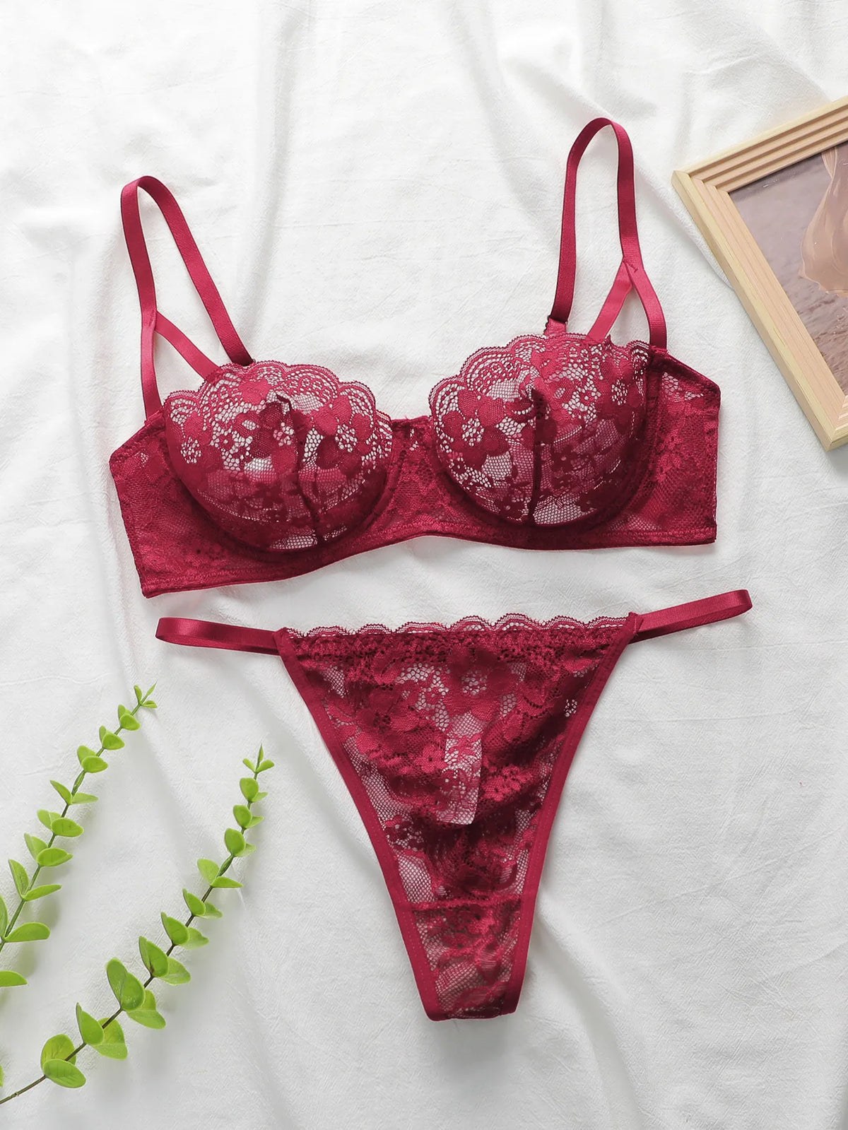 charming French Style Lace Lingerie Set - ultra-thin red lace Bra & Thong Sexy ultra-thin Underwear, Ideal Gift for Her YS2451
