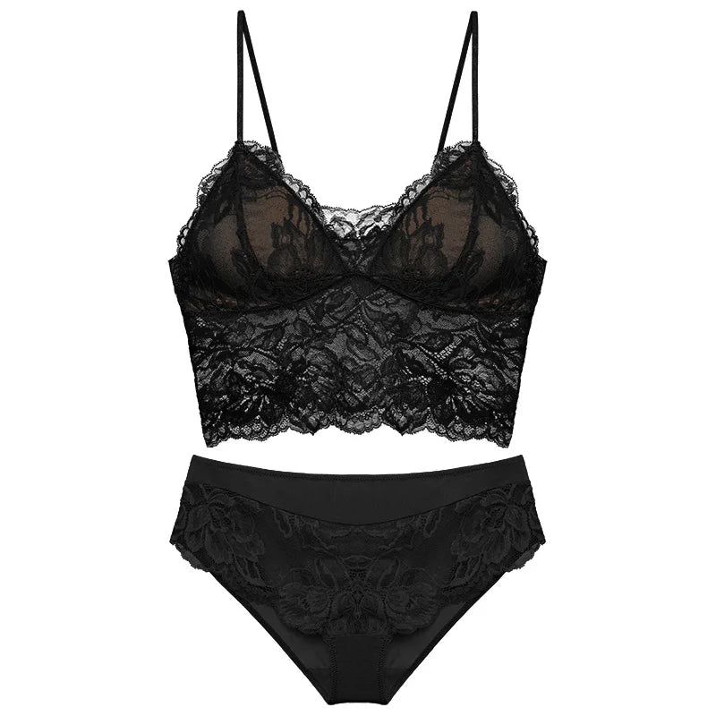 French Backless Bralette Sheer Lace Wireless Halter Top No Underwire Anti Nipple Show Comfort Bra & Tushy Set CA MOYISU Sexy Bra