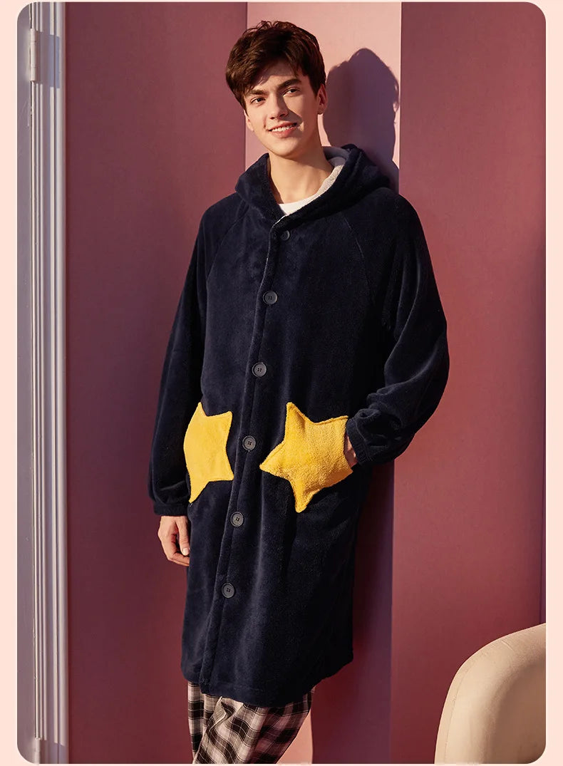Unisex Men Women Warm Loungewear Dressing Gown Winter Thickened Coral Fleece Kimono Bathrobe with Star Pockets