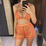 With Shorts Striped Halter Bikini Female Swimsuit Women Swimwear Three-Pieces Bikini Set Padded Bather Bathing Suit Swim V7159