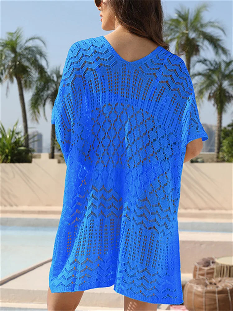 Sexy Hollow Out Beach Cover Up Women Blue White Knitted Crochet Tunic Mini Dress Short Sleeve V Neck Loose Cover-ups Beachwear