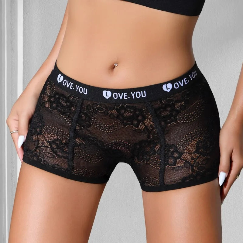 Sexy Lace Women's Flat Corner Pants Letter Waist with Flowers Design Underwear Mid-waist Breathable Comfortable Lady Boyshort