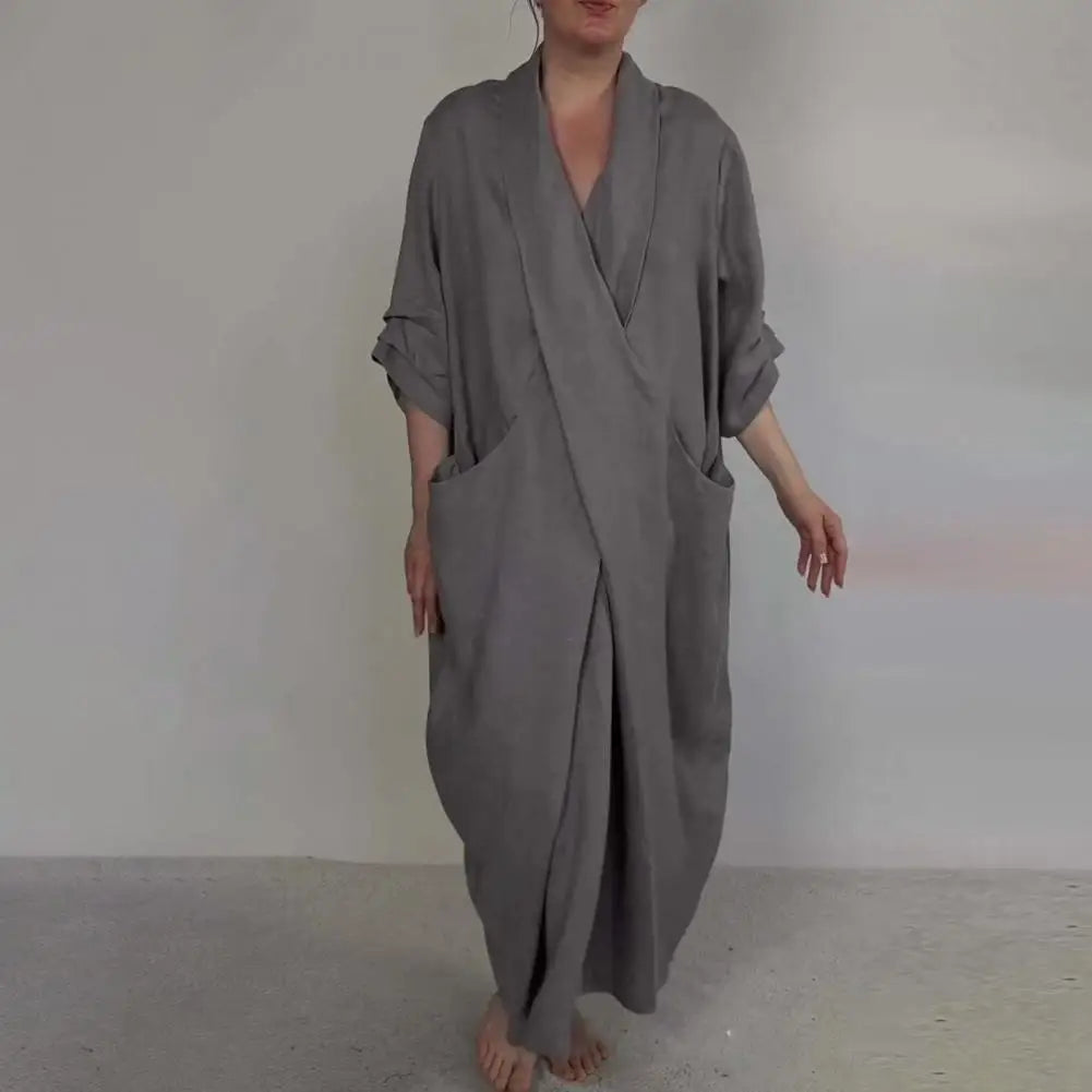 Bohemian Maxi Dress Spring Autumn Maxi Dress Robe Baggy Cross V Neck Large Pocket Retro A-line Casual Party Travel Dress