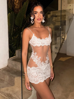 Women's Fashion Lace Solid Slips Patchwork Sexy Slim See Through Mini Dress Summer Vacation Party Night Club Outfit Hugcitar
