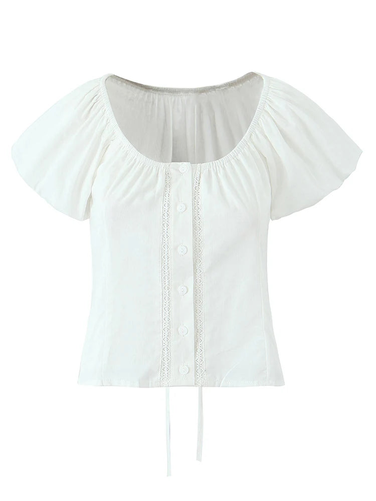 Foridol White Cotton Women Summer Crop Tops Lace Patchwork Short Female Tops Puff Sleeve Square Collar Slim Top Blouse 2025