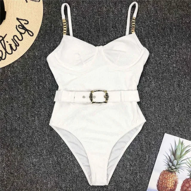 Ribbed Push up Underwired Metal Chain Women Swimwear One Piece Swimsuit Female Waist Belt Monokini Bather Bathing Suit Swim Lady