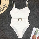 Ribbed Push up Underwired Metal Chain Women Swimwear One Piece Swimsuit Female Waist Belt Monokini Bather Bathing Suit Swim Lady