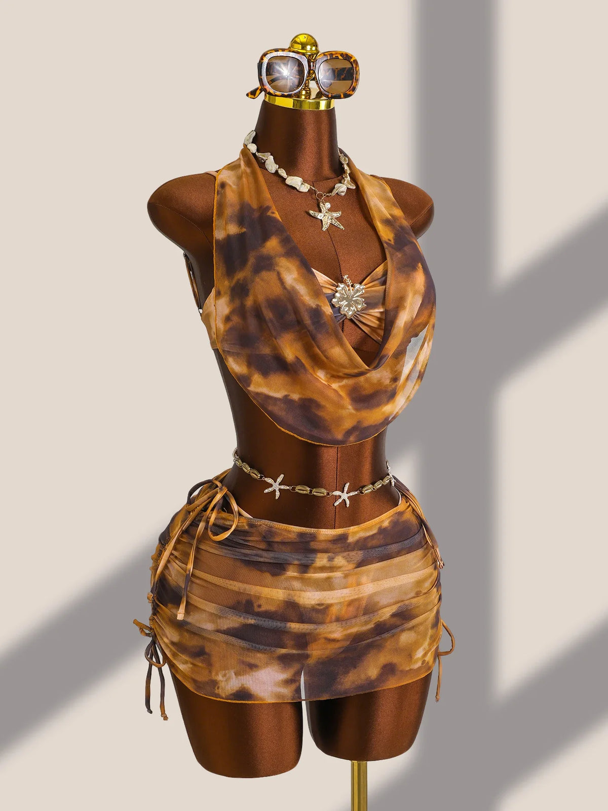 New Coffee Tie Dye Gradient Bikini Set 2026 Swimwear Women Metal Flower Push Up Cover Up Drawstring Side Skirt 4 Piece Swimsuit