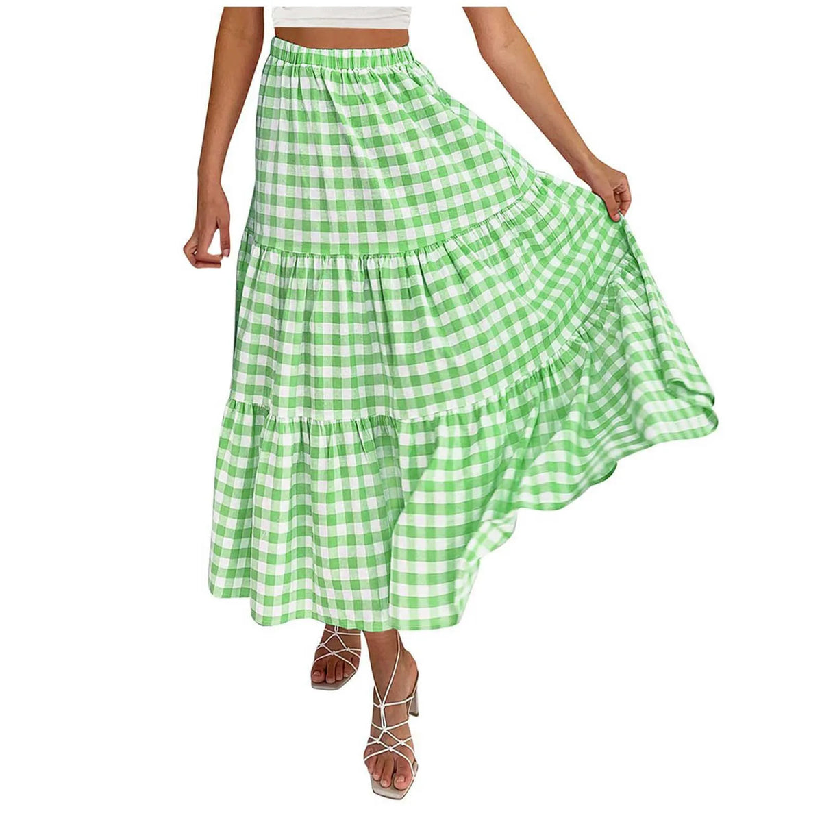 2026 Summer Vintage Checkered Maxi Skirt Women High Waisted Elastic Plaid Ruffle Long Skirts Retro Sweet Cake ALine Skirts