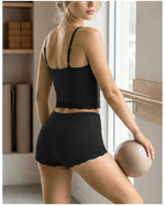 Lace V-neck Camisole Yoga Sets Women Black Hanging Neck Sports Tank Top Sportswear Gym Clothing High Waist Shorts Fitness Suits