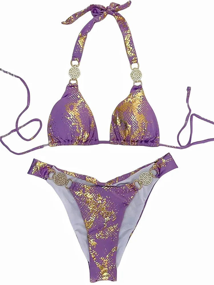 Snake Print Halter Diamond Bikini 2025 Women Swimwear Female Swimsuit Two-piece Bikini Set High Cut Bathing Suit Swim Beach Wear