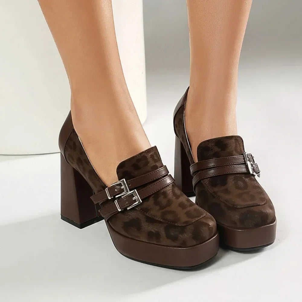 Square Toe Platform Double-Layer Buckle Shallow Sleeve Office Pumps Ultra-High Thick Heel Breathable High Heels