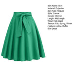 Women Skirt A-line Big Swing Belted Tight Waist Bow Decor Solid Color High Waist Soft Ruffle Summer Dating Party Midi Skirt