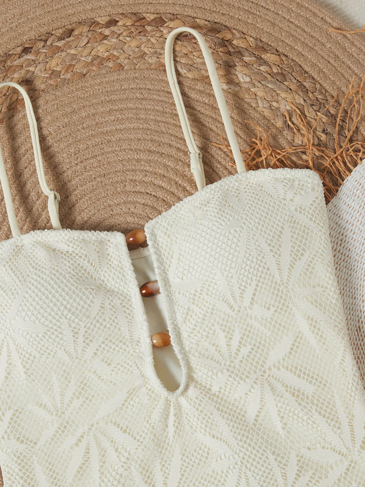 2026 Vintage Coffee Leaves Print One Piece Swimsuit Women Beaded String Hollow Out Backless Mesh Slim Fit Tummy Control Swimwear