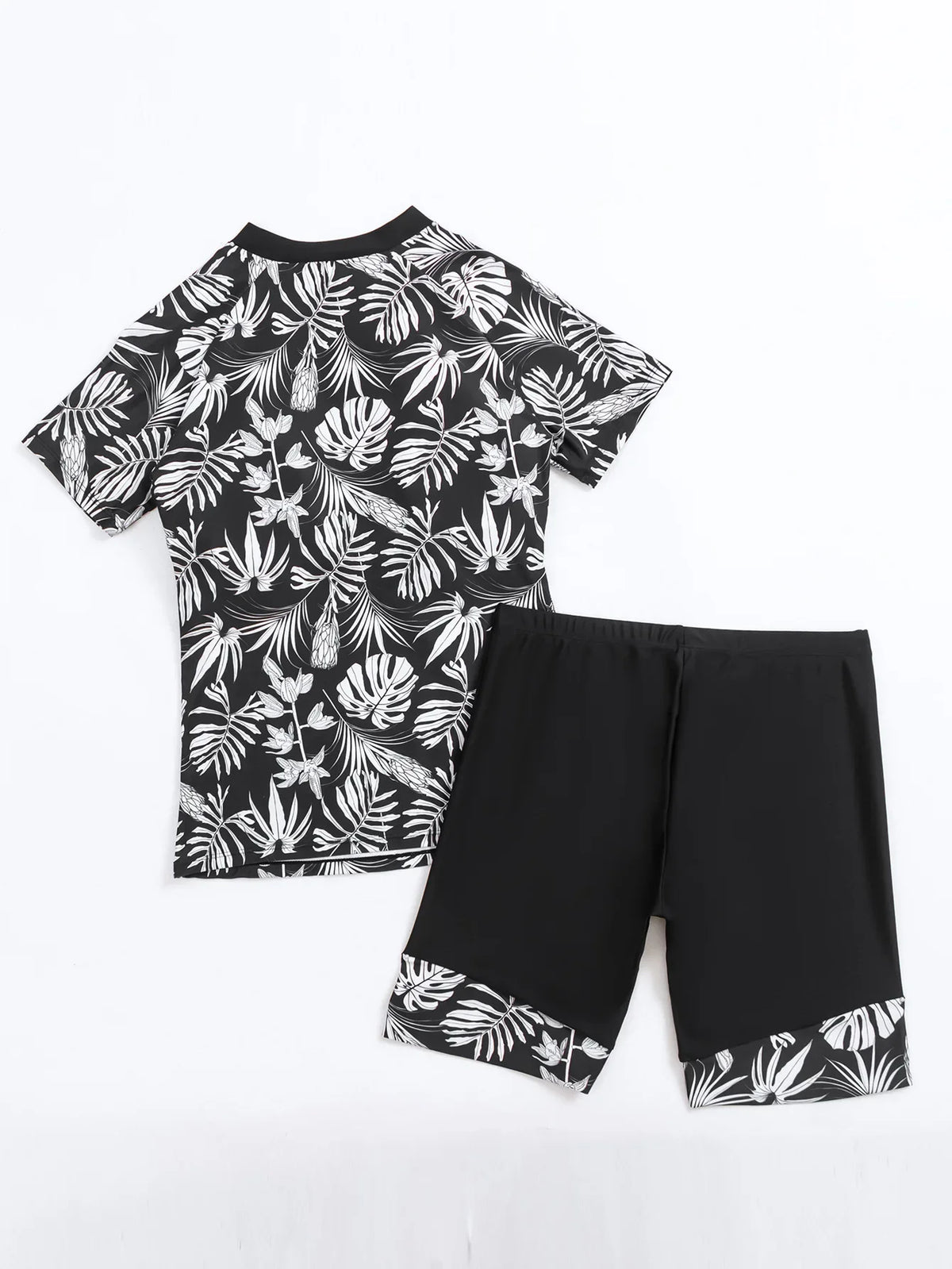 2026 Summer New Women Two-Piece Surfing Suit,fashion Leaf Print Conservative Tankini,Short-sleeve Zipper Swimsuit,beach Swimwear