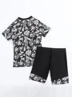 2026 Summer New Women Two-Piece Surfing Suit,fashion Leaf Print Conservative Tankini,Short-sleeve Zipper Swimsuit,beach Swimwear