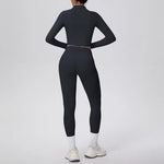 New Women Yoga Set Solid Color Double-Sided Brushed Bare Feel Short Long-Sleeve Jacket Tight Pants Running Fitness 2-Piece Set